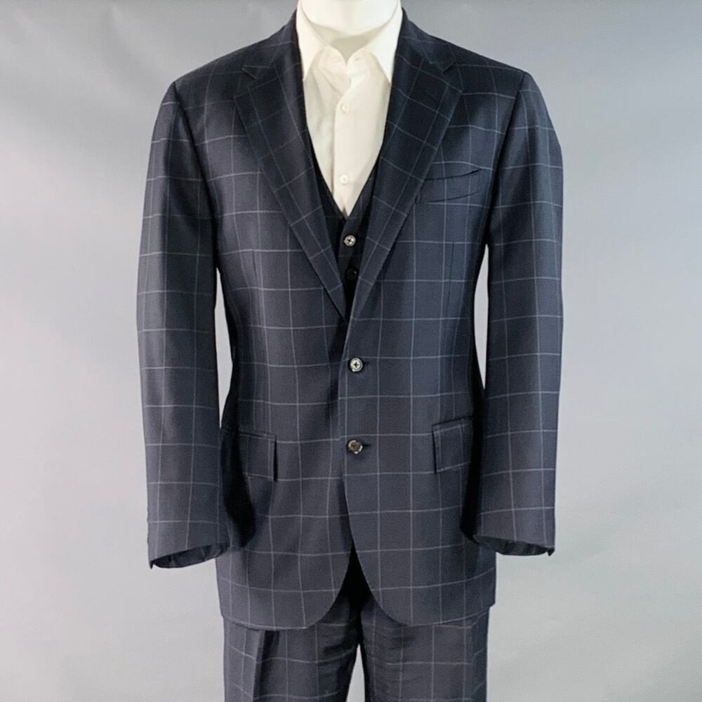 POLO by RALPH LAUREN 40 Regular Navy Grey Checkered Virgin Wool 3 Piece Suit